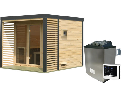 Moderne houten tuinsauna met lattenwand, glazen deur en bijpassende saunakachel met saunastenen en digitaal bedieningspaneel.