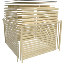 Explosietekening van een bouwpakket voor een houten tuinhuis met wandelementen en dakplaten voor zelfmontage
