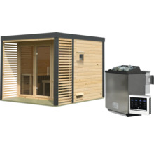 Moderne houten tuinsauna met lamellenwand en glazen deur, inclusief bijpassende saunaoven met bediening.