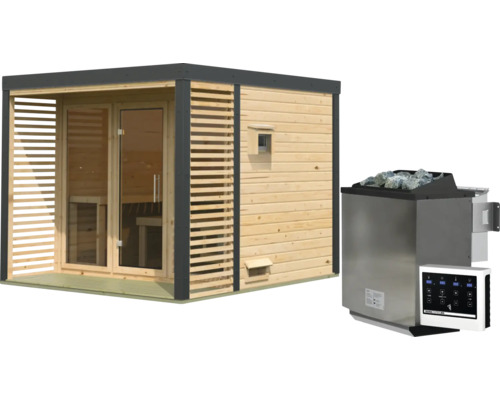 Moderne houten tuinsauna met lamellenwand en glazen deur, inclusief bijpassende saunaoven met bediening.
