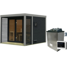 Moderne tuinsauna met plat dak en glazen deur, inclusief saunaoven met stenen en digitaal bedieningspaneel