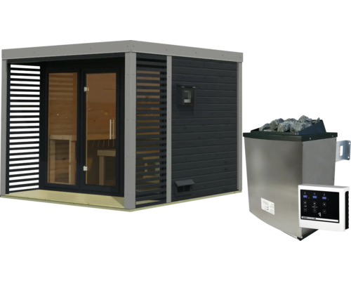 Moderne tuinsauna met plat dak en glazen deur, inclusief saunaoven met stenen en digitaal bedieningspaneel