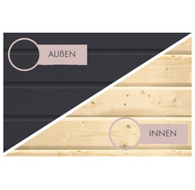 Vergelijking van binnen- en buitenaanzicht van een houten wand voor tuinhuizen