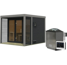 Moderne tuinsauna met glazen pui en houten constructie inclusief elektrische saunaoven met saunastenen en besturingseenheid.