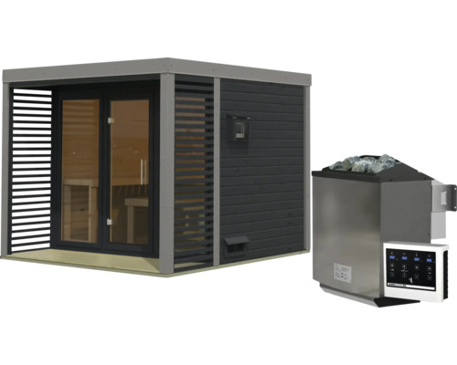 Moderne tuinsauna met glazen pui en houten constructie inclusief elektrische saunaoven met saunastenen en besturingseenheid.