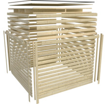 Explosietekening van een houten kliko ombouw bouwpakket van onbehandelde houten profielen voor modulaire montage.