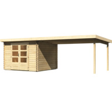 Houten tuinhuis met aangebouwde overkapping en dubbele deur met vensters in blokhutconstructie