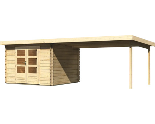 Houten tuinhuis met aangebouwde overkapping en dubbele deur met vensters in blokhutconstructie