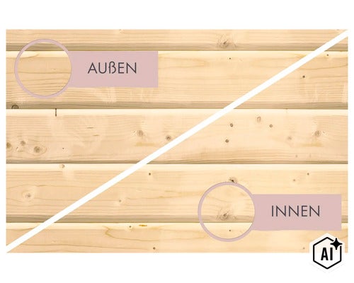 Vergelijking van de binnen- en buitenkant van een houten gevel met zichtbare houtnerven en knoesten. (Image AI modified or generated)