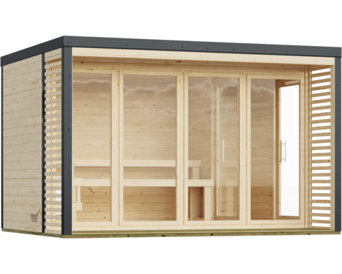 Moderne houten tuinsauna met grote glazen fronten en lamellen zijpanelen.