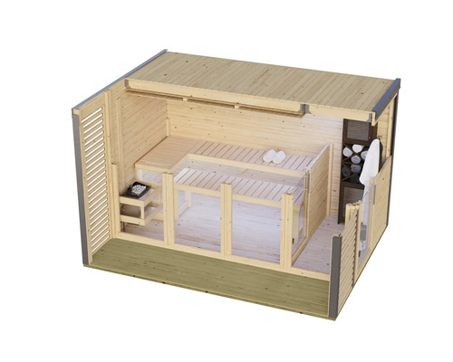 Moderne houten tuinsauna met glazen voorzijde en saunabanken in de binnenruimte en een terras aan de voorzijde.