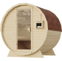 Houten ton-sauna met glazen deur en bedieningseenheid voor buitengebruik