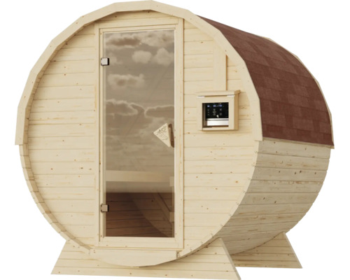 Houten ton-sauna met glazen deur en bedieningseenheid voor buitengebruik