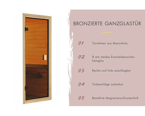 Geglazuurde sauna glazen deur met massief houten frame, 8 millimeter gehard veiligheidsglas, verstelbare scharnieren en magneetsluiting.