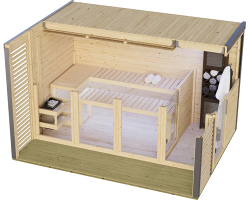 Houten buitensauna met glazen voorzijde, saunabanken, saunakachel en geïntegreerde opbergplanken voor ontspanning in de tuin