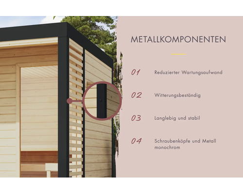 Detailweergave van de metalen onderdelen van een tuinhuis met informatie over onderhoud, weerbestendigheid, stabiliteit en ontwerp.