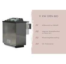 Bio saunakachel met 11 kilowatt vermogen, roestvrijstalen buitenkant, verdamper, watertekortbewaking en diabas stenen.
