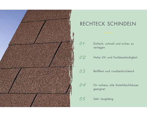 Rechthoekige dakshingles voor zadeldaken met informatie over eenvoudige installatie, duurzaamheid en uv- en kleurvastheid.