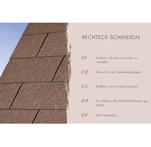 Rechthoekige dakshingles voor zadeldaken met informatie over eenvoudige installatie, UV-bestendigheid, scheurvastheid en duurzaamheid.