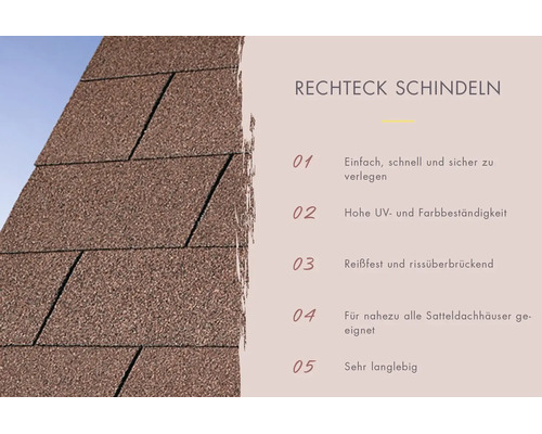 Rechthoekige dakshingles voor zadeldaken met informatie over eenvoudige installatie, UV-bestendigheid, scheurvastheid en duurzaamheid.