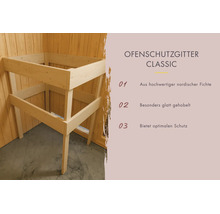 Sauna ovenbeschermingsrooster Classic gemaakt van noordelijk vurenhout met een glad oppervlak voor optimale bescherming bij de saunakachel.
