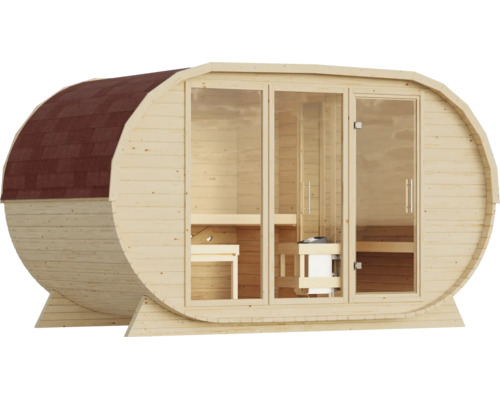 Moderne houten ton-sauna met twee grote glaselementen, een glazen deur en zitbanken in het interieur.