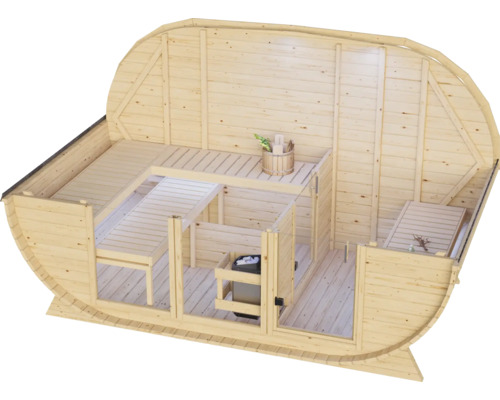 Open vatsauna van hout met twee zitbanken, saunakachel en houten emmer in binnenaanzicht