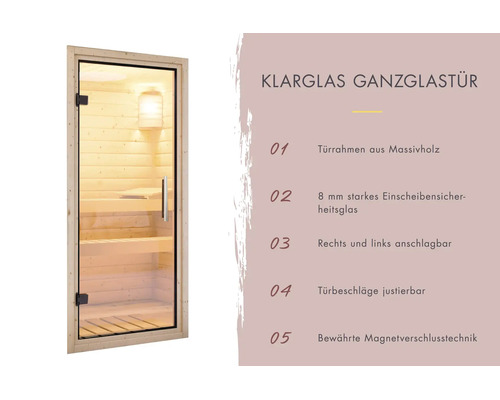 Saunadeur van helder glas met massief houten kozijn, 8 millimeter veiligheidsglas, rechts of links draaiend met magneetsluiting.