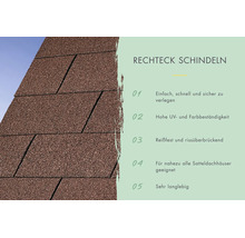 Rechthoekige dakshingles voor zadeldaken met informatie over eenvoudige installatie, duurzaamheid en uv- en kleurvastheid.