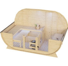 Houten ton-sauna met twee ligbanken en een saunakachel in de cabine, binnenaanzicht van boven.