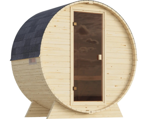Houten ton-sauna met glazen deur en bitumen dakshingles voor buitengebruik