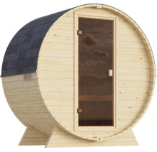 Houten tonvormige sauna met glazen deur en dakshingles voor in de tuin