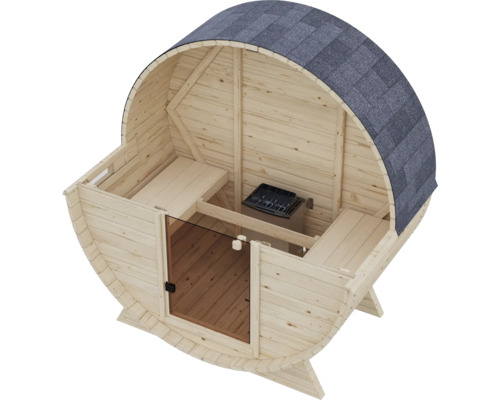Vatsauna van massief hout met gebogen dak, binnen uitgerust met twee banken en saunakachel, inclusief een kleine glazen voordeur.