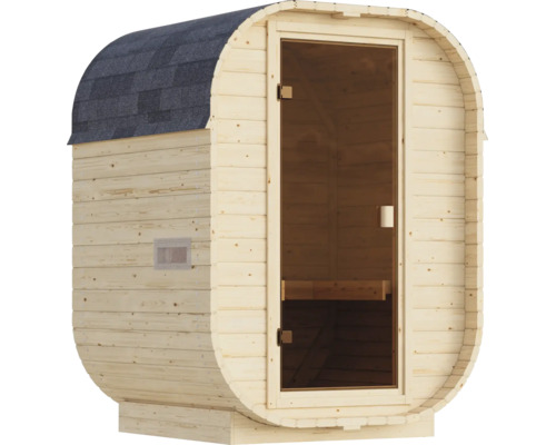 Houten tonvormige sauna met dakshingles en glazen deur voor buitengebruik