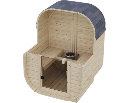 Houten tonsauna met glazen voorzijde en ingebouwde kachel voor in de tuin.