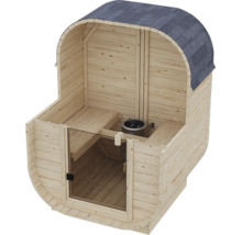 Houten tonsauna met glazen voorzijde en saunaoven in de cabine inclusief gewelfd dak.