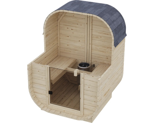 Houten tonsauna met glazen voorzijde en saunaoven in de cabine inclusief gewelfd dak.