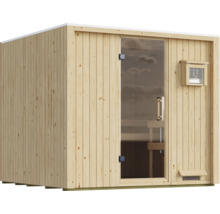 Moderne thuissauna van massief hout met een glazen deur en een externe digitale besturing voor temperatuurregeling.