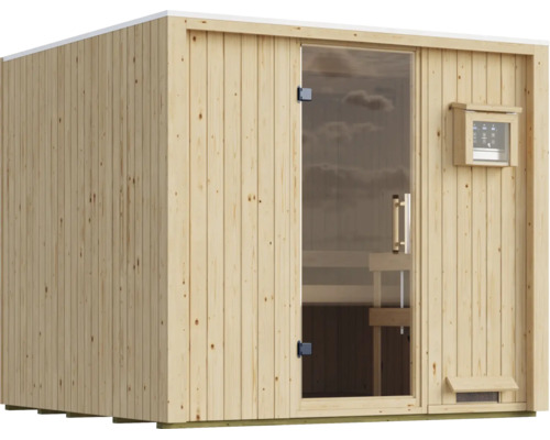 Moderne thuissauna van massief hout met een glazen deur en een externe digitale besturing voor temperatuurregeling.