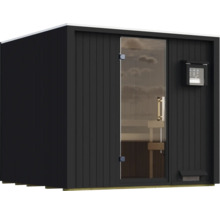 Moderne tuinsauna met glazen voorzijde en verticale houten bekleding voor buitengebruik