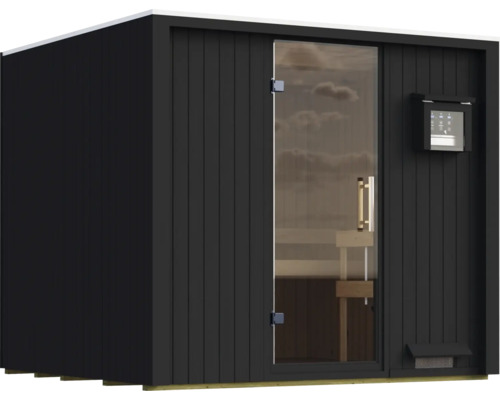 Moderne tuinsauna met glazen voorzijde en verticale houten bekleding voor buitengebruik