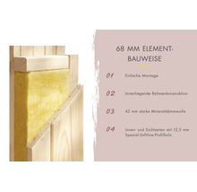 Doorsnede van een 68 millimeter wandelementconstructie met minerale wol isolatie en Softline profielhout
