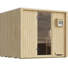 Moderne elementsauna van vurenhout met glazen deur en digitale besturing voor binnengebruik