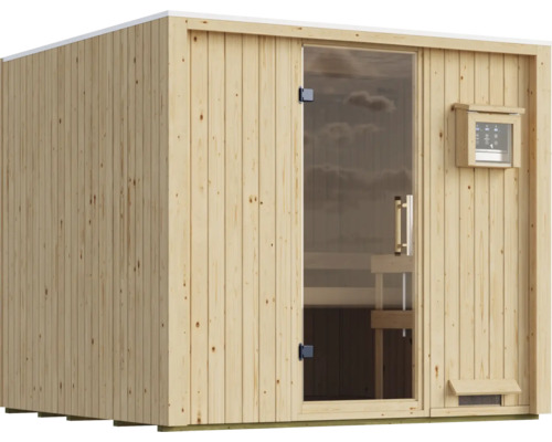 Moderne elementsauna van vurenhout met glazen deur en digitale besturing voor binnengebruik