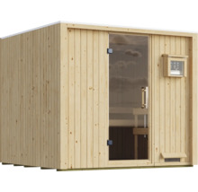 Massief houten sauna gemaakt van vurenhout met glazen deur en digitaal bedieningspaneel