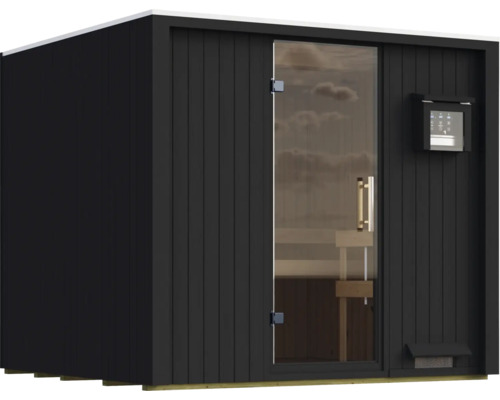 Moderne tuinsauna met verticale houten bekleding, volledig glazen deur en geïntegreerd bedieningspaneel op de buitenmuur.