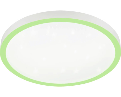 Ronde plafondlamp met een witte diffuser en een groene buitenring.