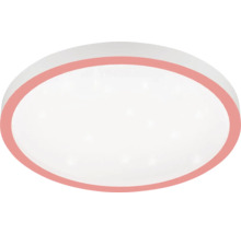 Ronde LED-plafondlamp met roze rand en sterrenhemel-effect.