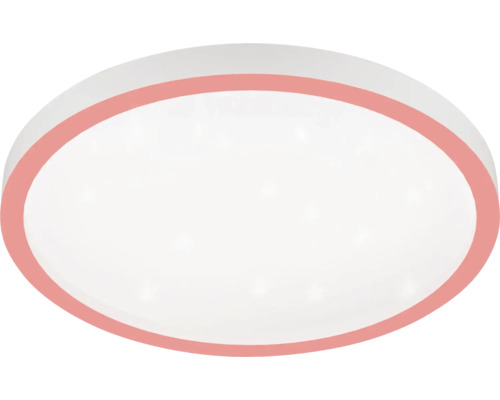 Ronde LED-plafondlamp met roze rand en sterrenhemel-effect.
