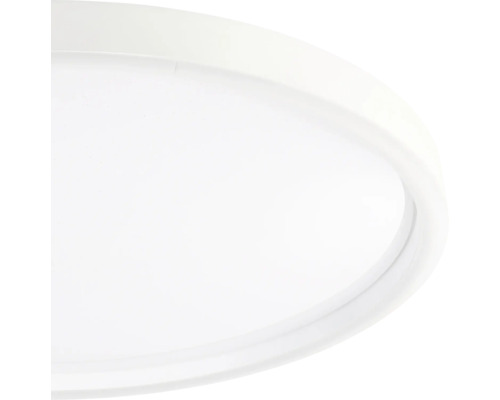 Platte, ronde plafondlamp met wit frame.